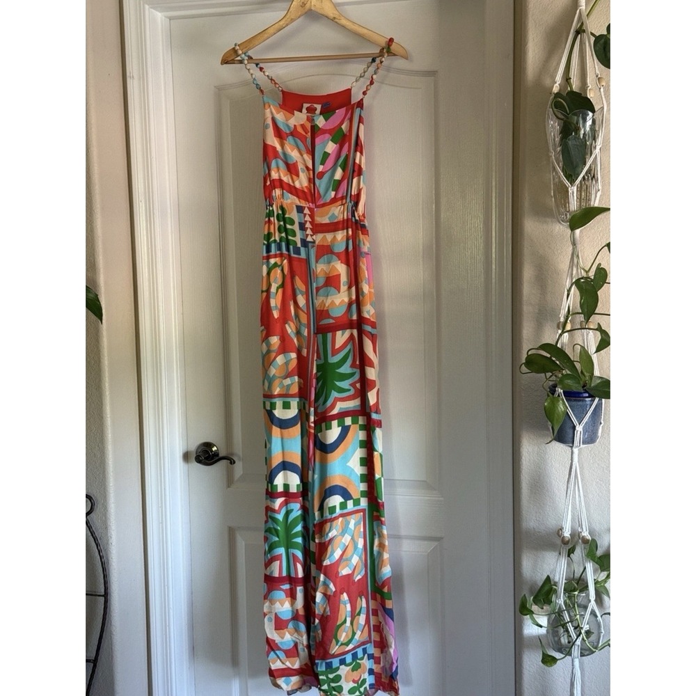 FARM Rio Anthropologie Beaded Strap Tropical Wide Leg Jumpsuit Size S - Picture 6 of 16